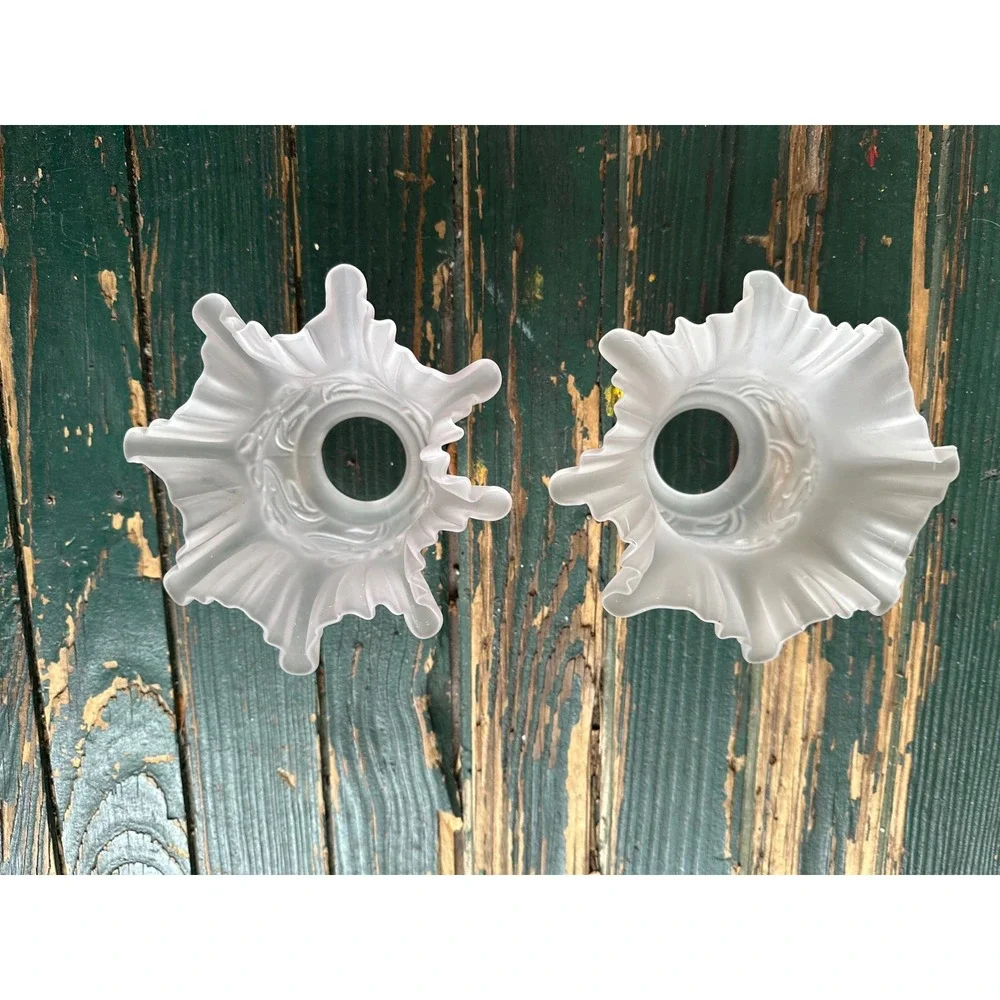 Vintage Frosted Glass Ruffled Lamp Shades Pair Floral Embossed Tulip 2.25 Fitter